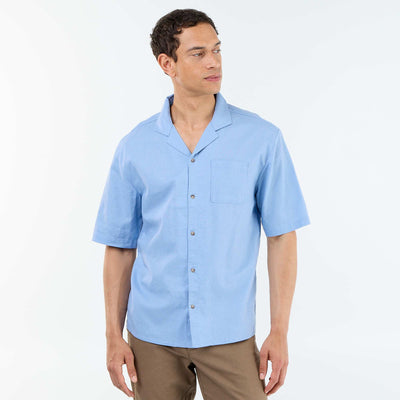 Camisa de manga corta de lino mezclado con bolsillo en el pecho AZUL