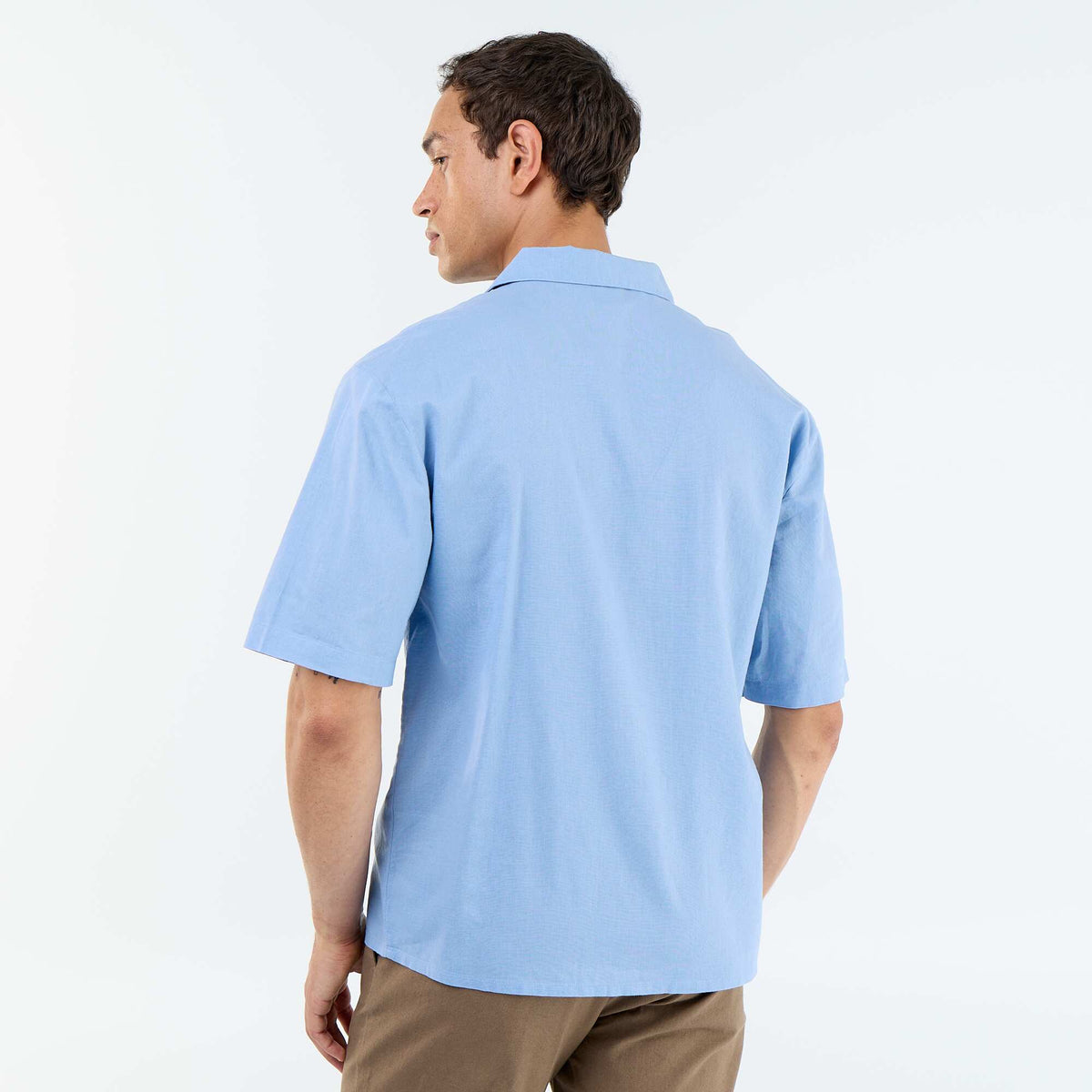 Camisa de manga corta de lino mezclado con bolsillo en el pecho AZUL