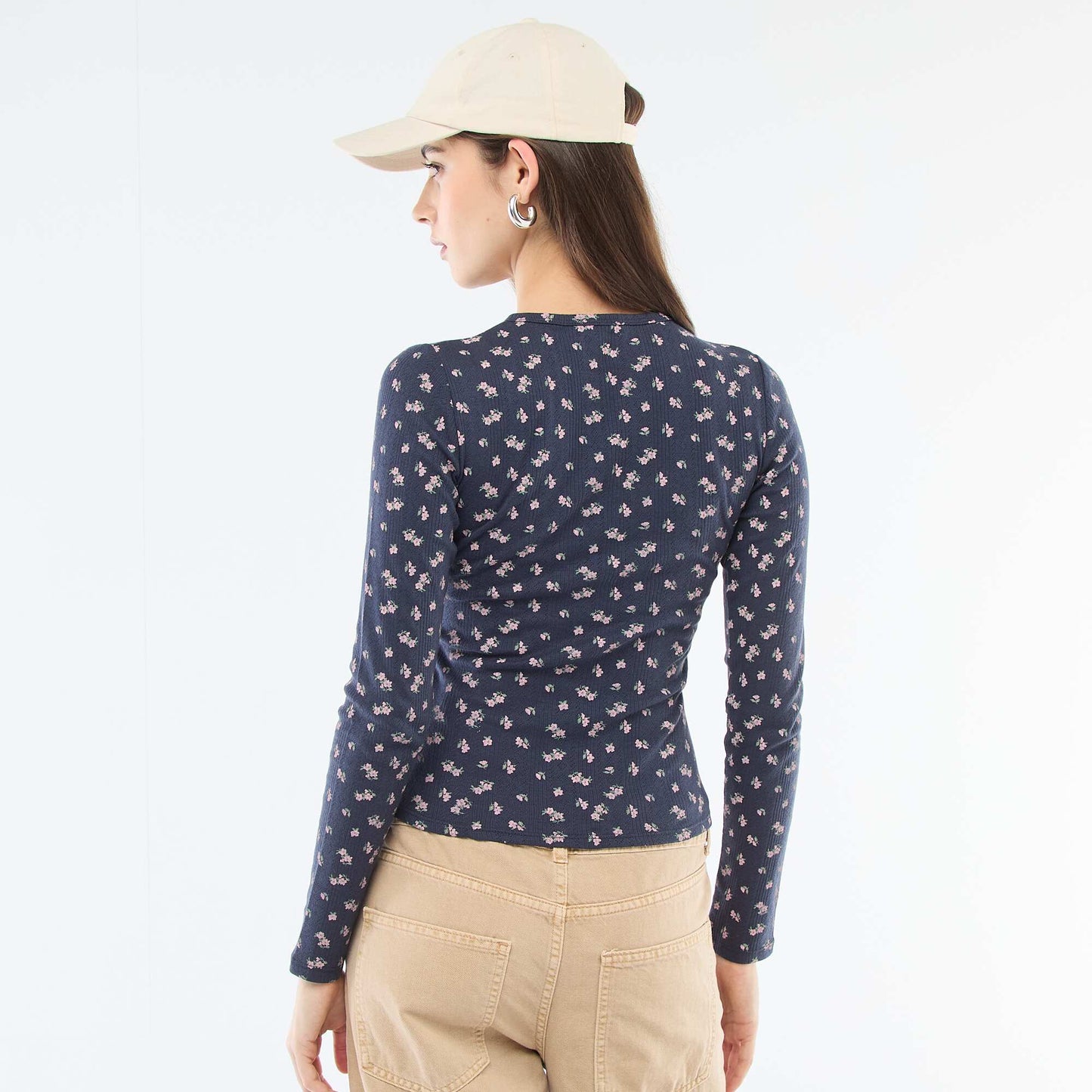 Camiseta de punto calado con flores AZUL