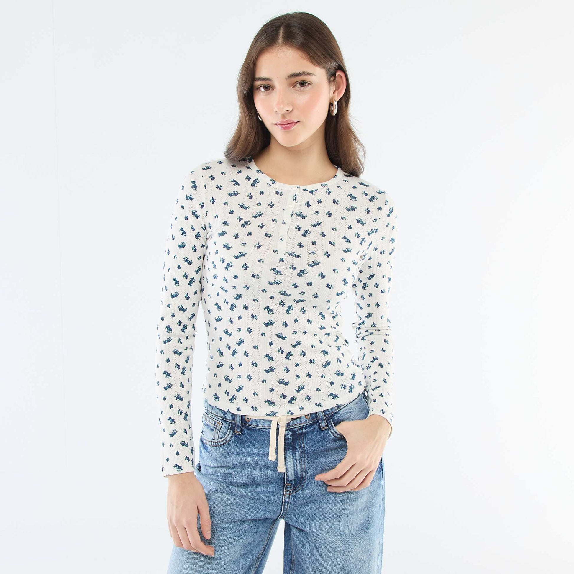 Camiseta de punto calado con flores BLANCO