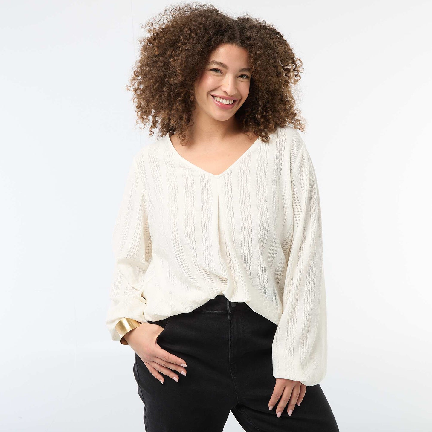 Blusa de punto calado con manga corta BLANCO