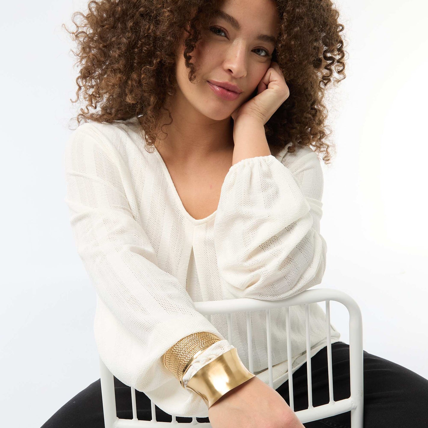 Blusa de punto calado con manga corta BLANCO