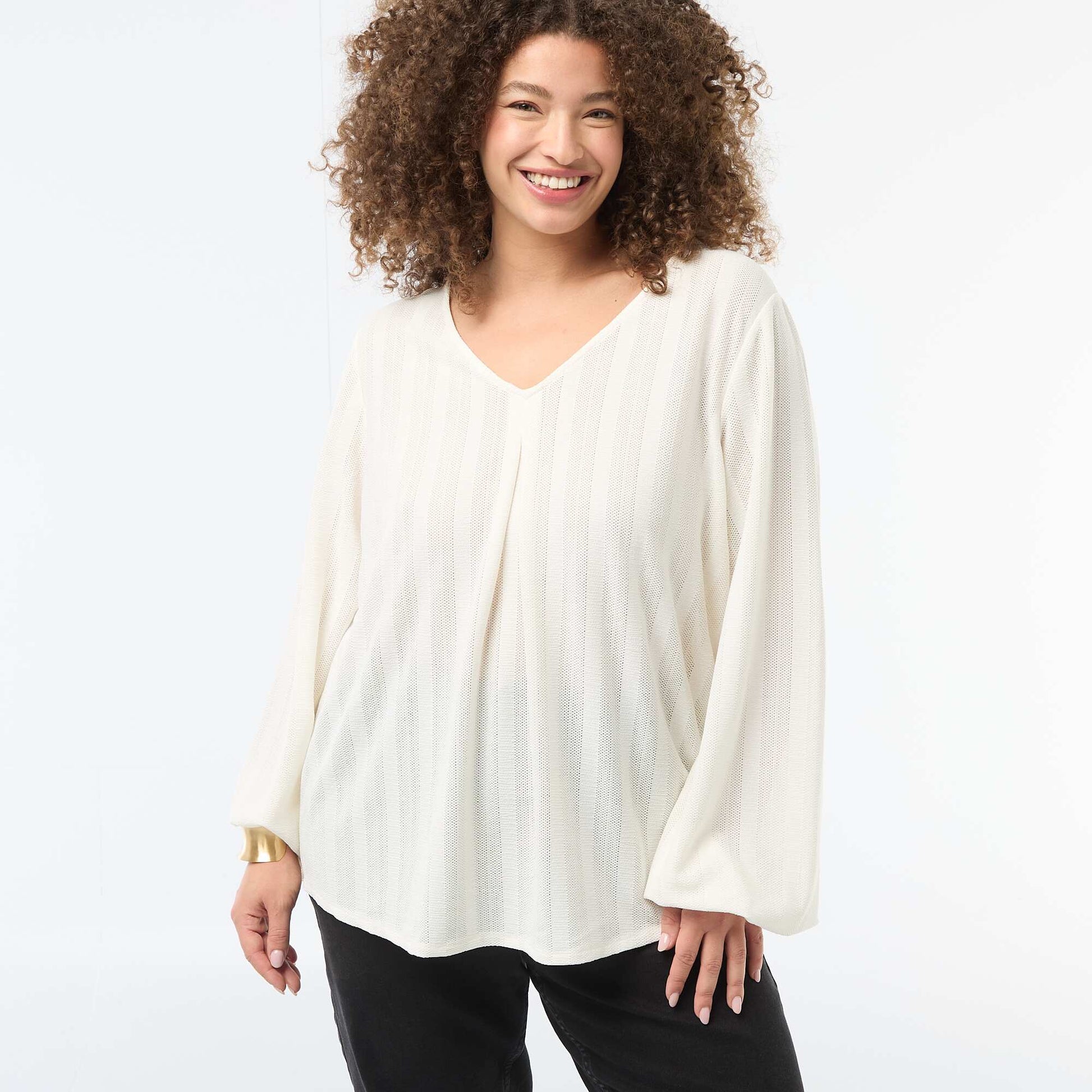 Blusa de punto calado con manga corta BLANCO