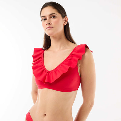 Top de bikini con volantes en microfibra suave ROJO