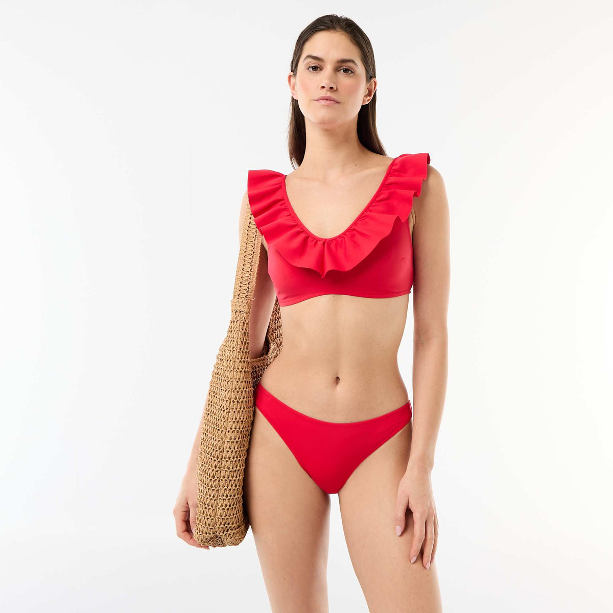 Top de bikini con volantes en microfibra suave ROJO