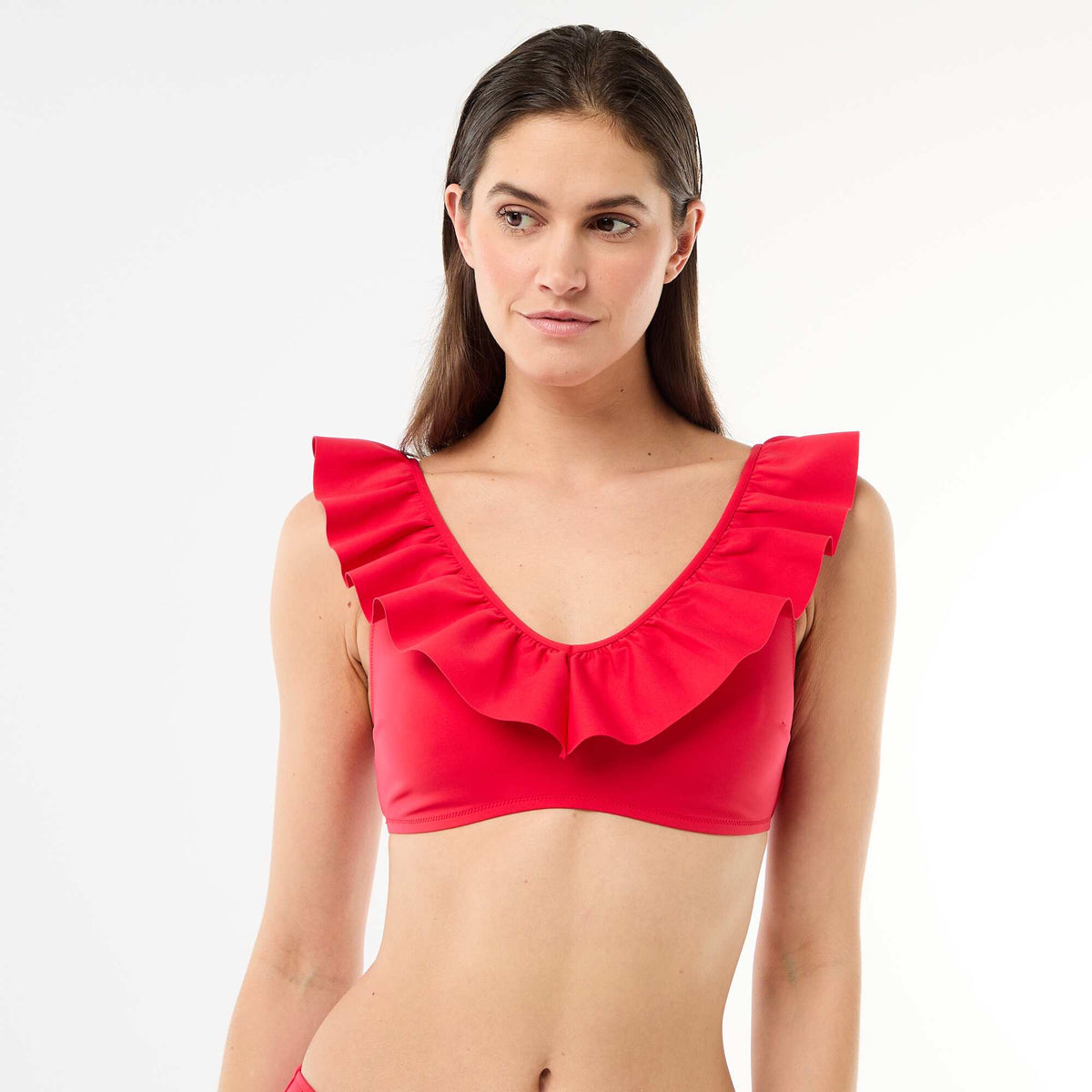 Top de bikini con volantes en microfibra suave ROJO