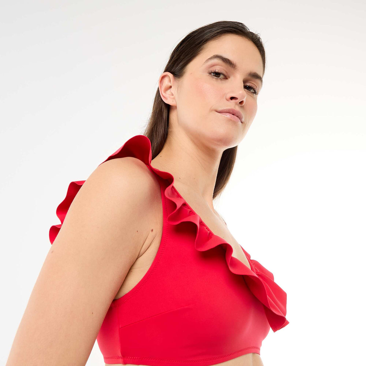 Top de bikini con volantes en microfibra suave ROJO