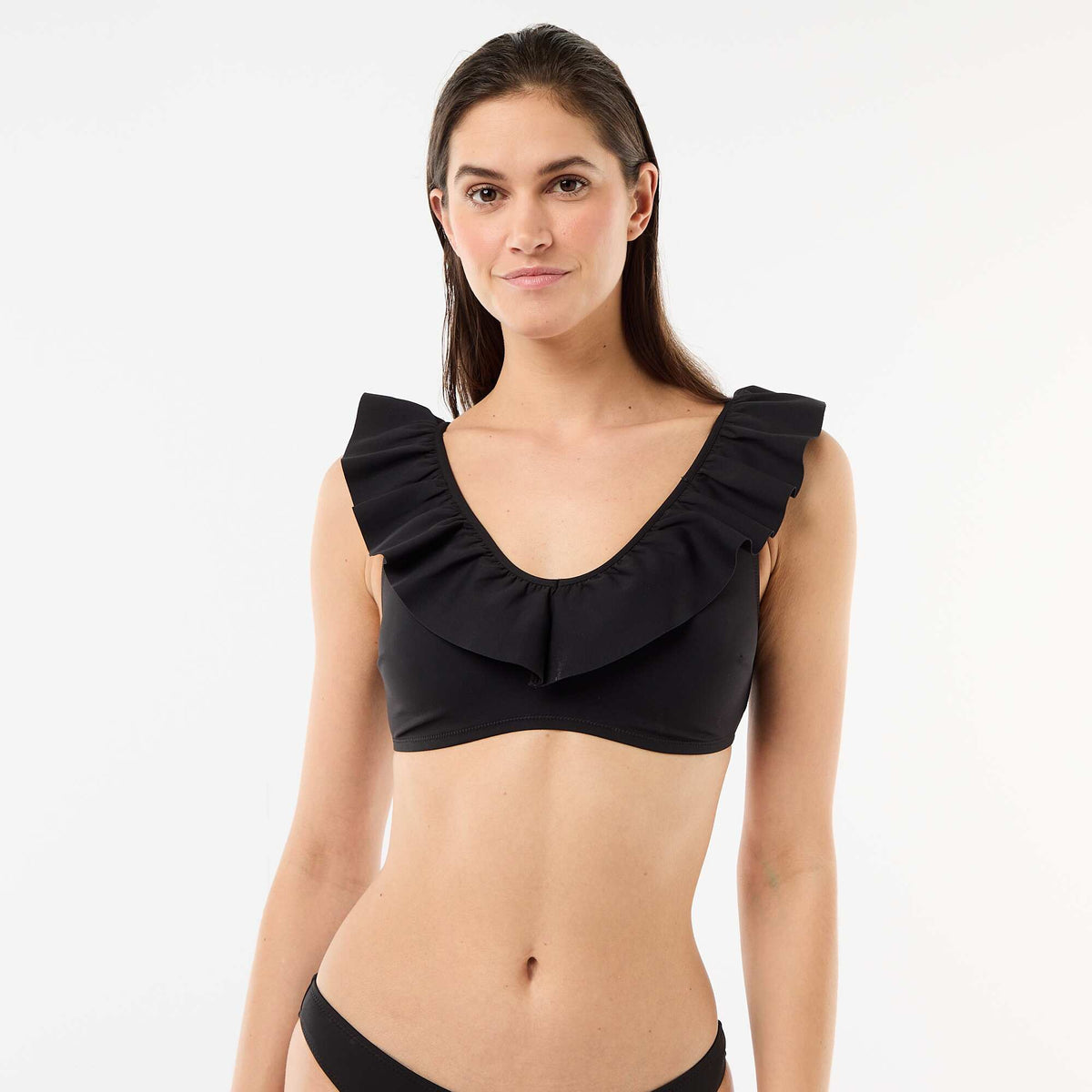 Top de bikini con volantes en microfibra suave NEGRO