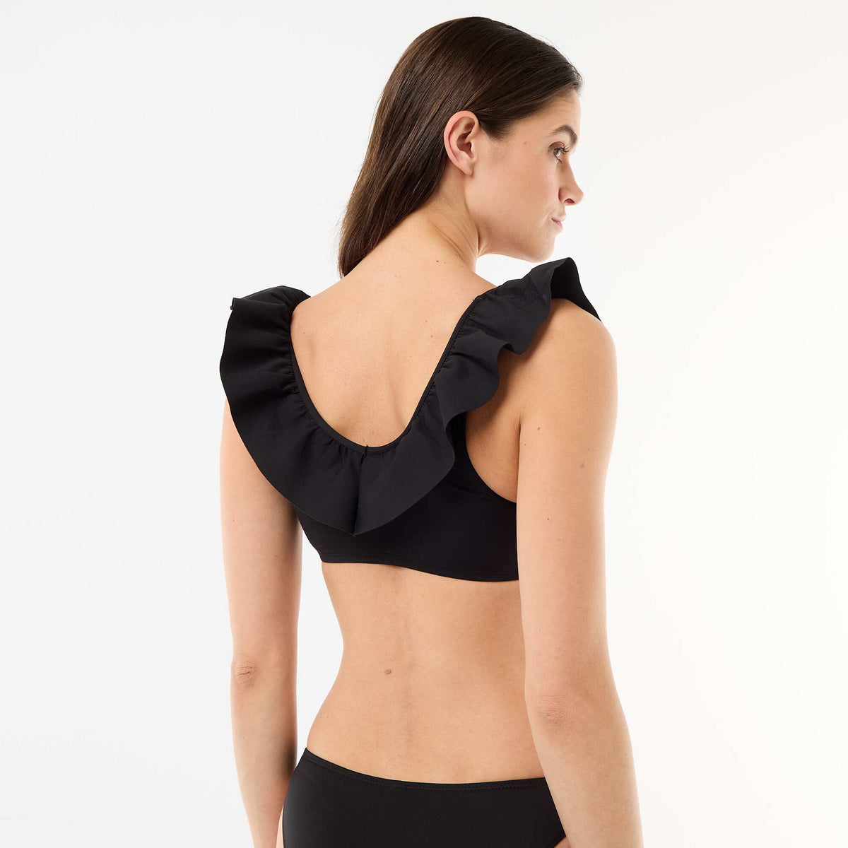Top de bikini con volantes en microfibra suave NEGRO