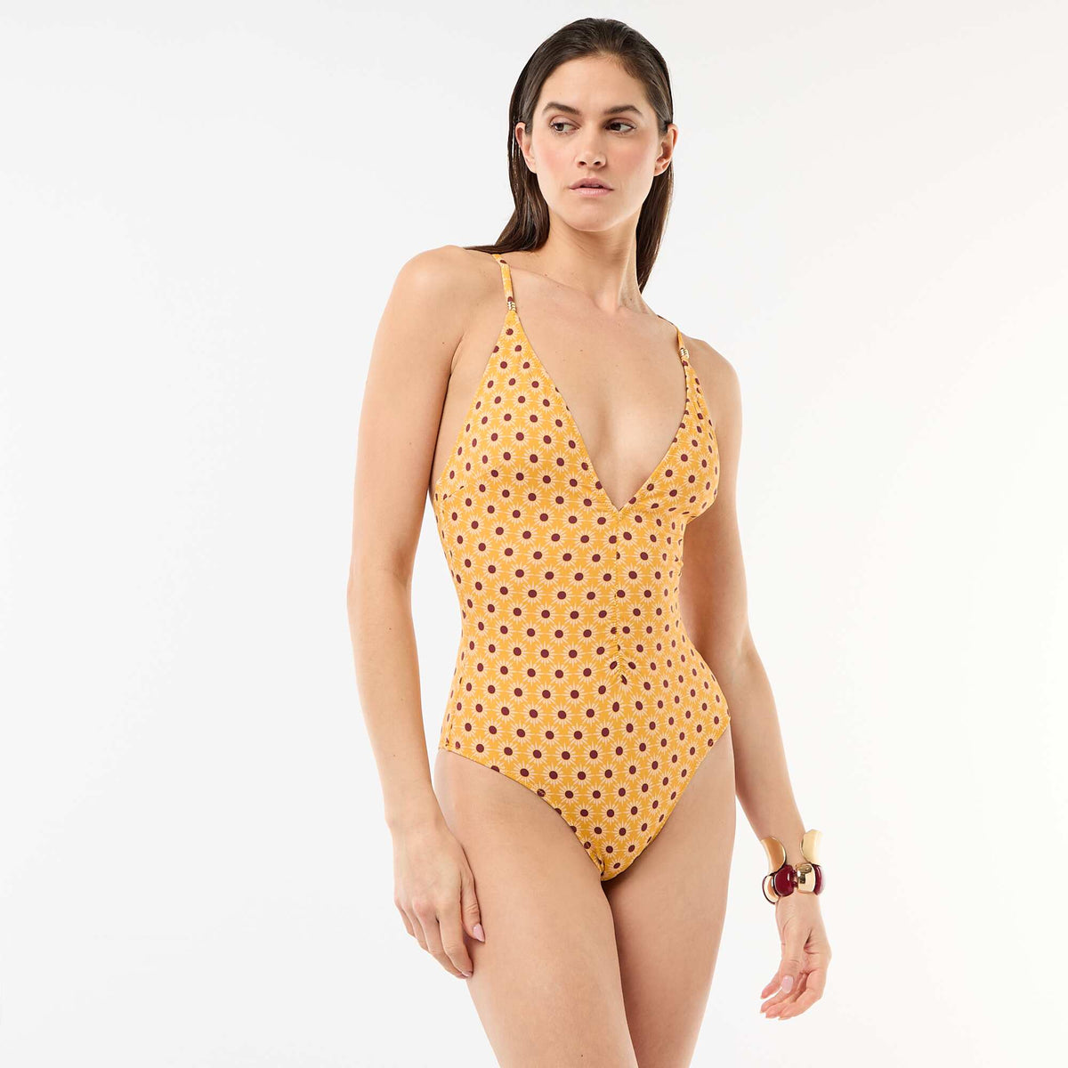 Bañador de 1 pieza con escote pronunciado y detalle de joya AMARILLO