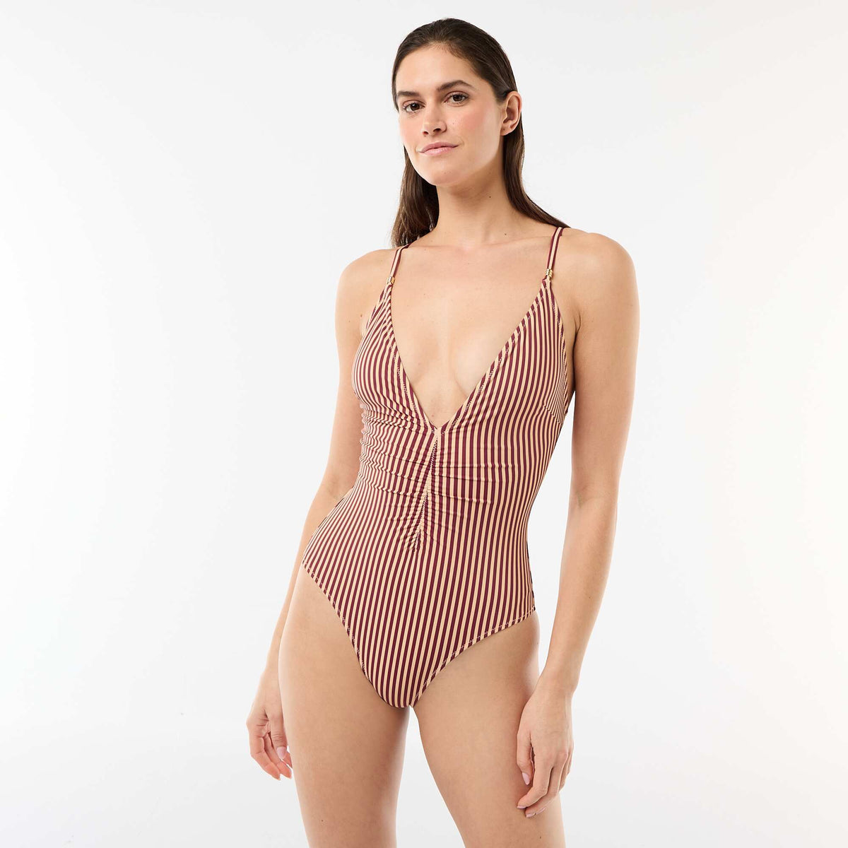 Bañador de 1 pieza con escote pronunciado y detalle de joya ROJO