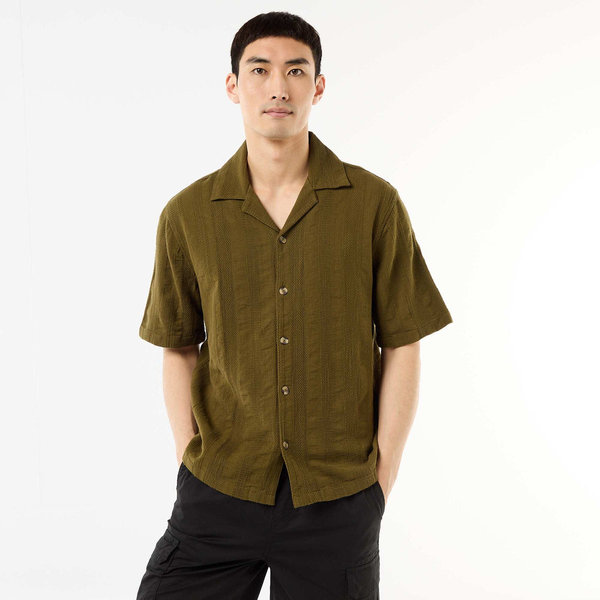 Camisa de manga corta en punto fantasía VERDE