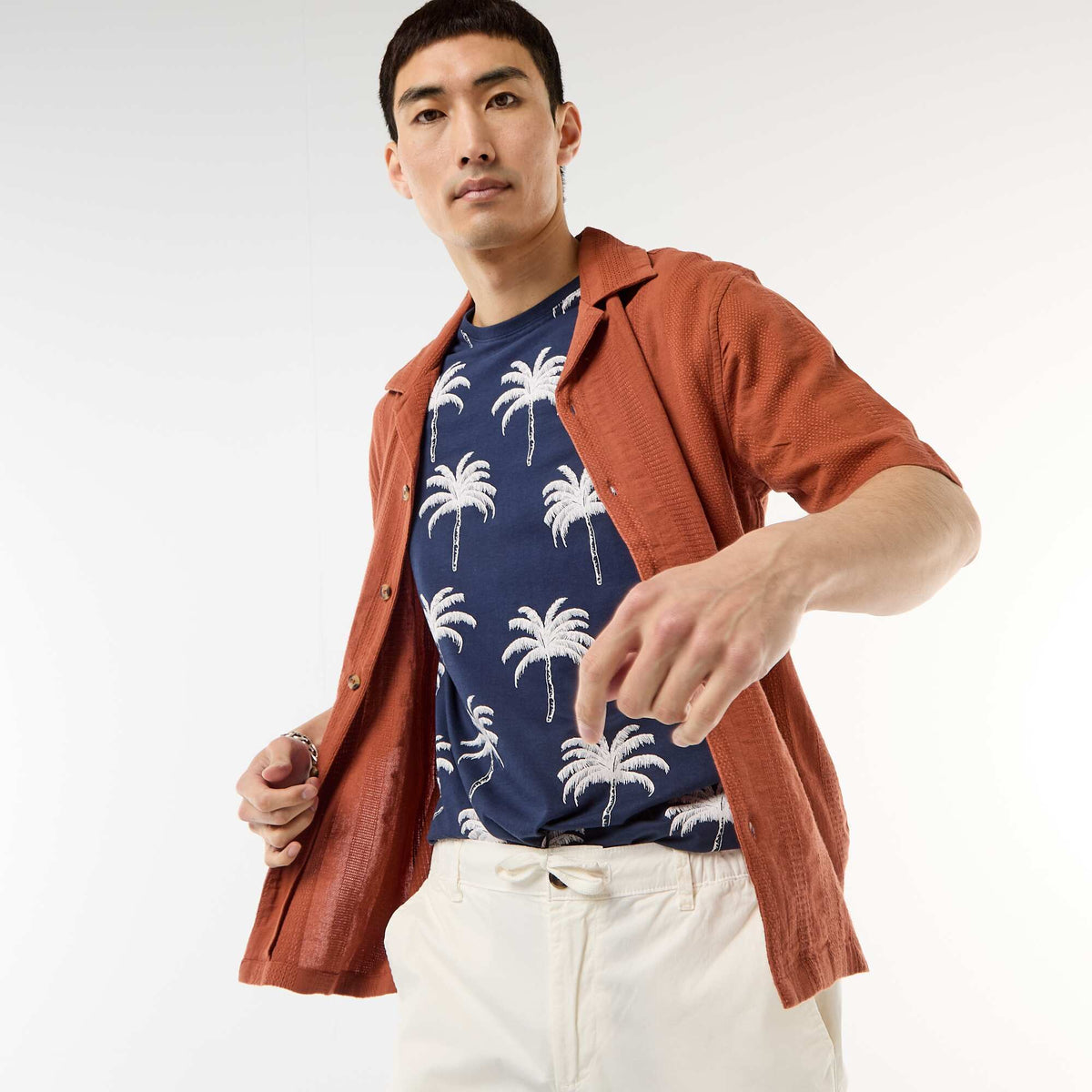 Camisa de manga corta en punto fantasía MARRON