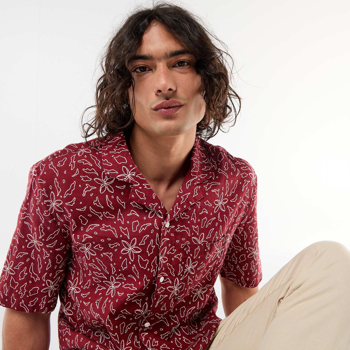 Camisa de lino mezclado de manga corta ROJO
