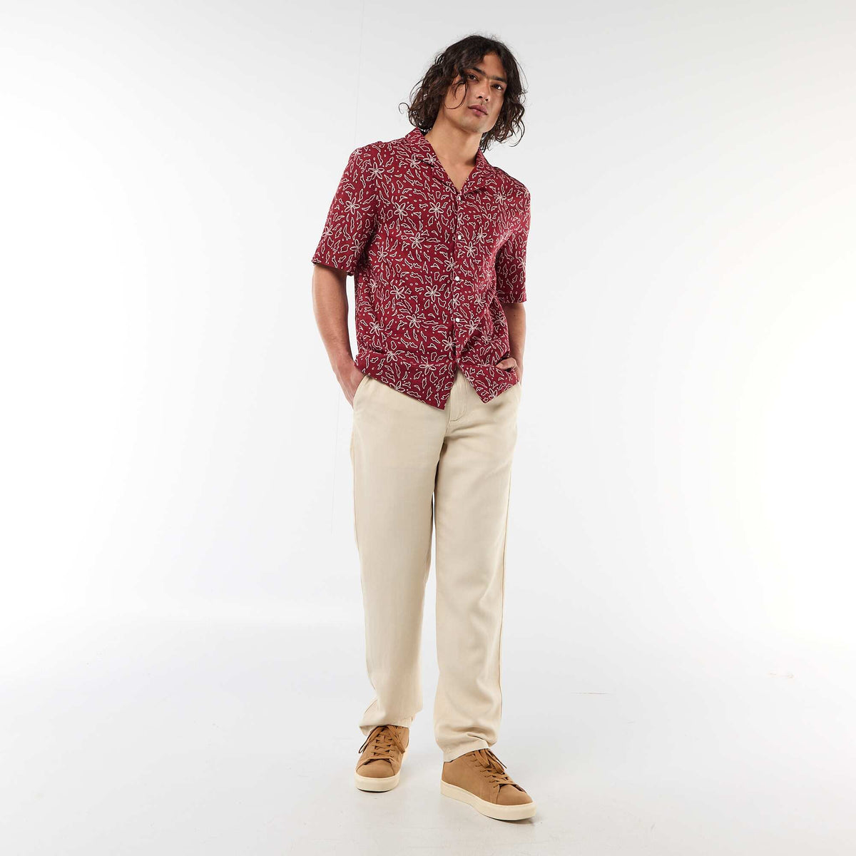 Camisa de lino mezclado de manga corta ROJO
