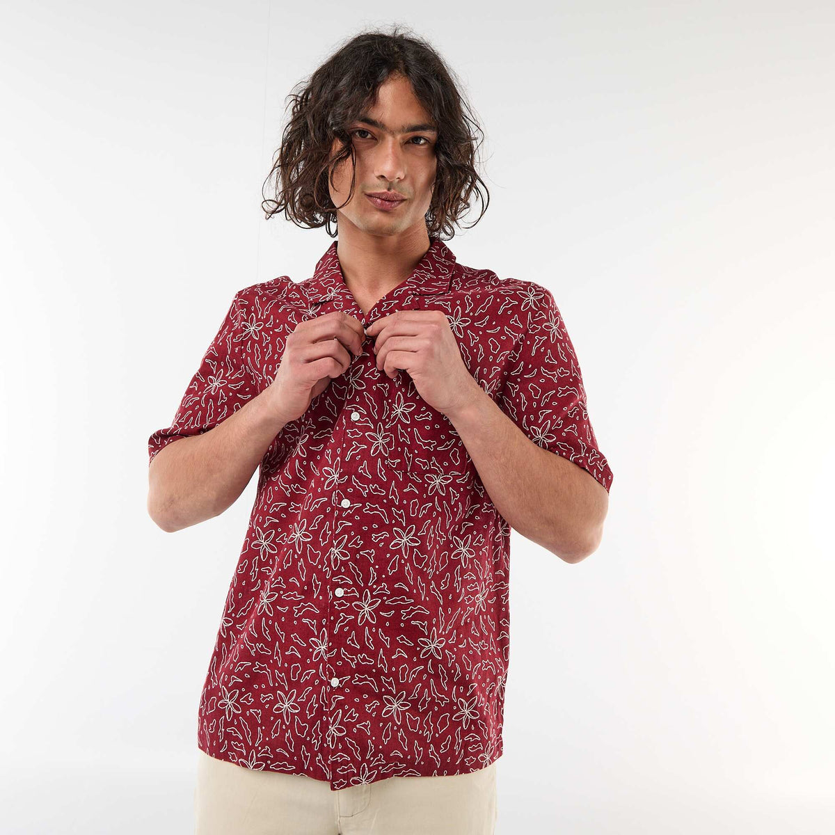 Camisa de lino mezclado de manga corta ROJO