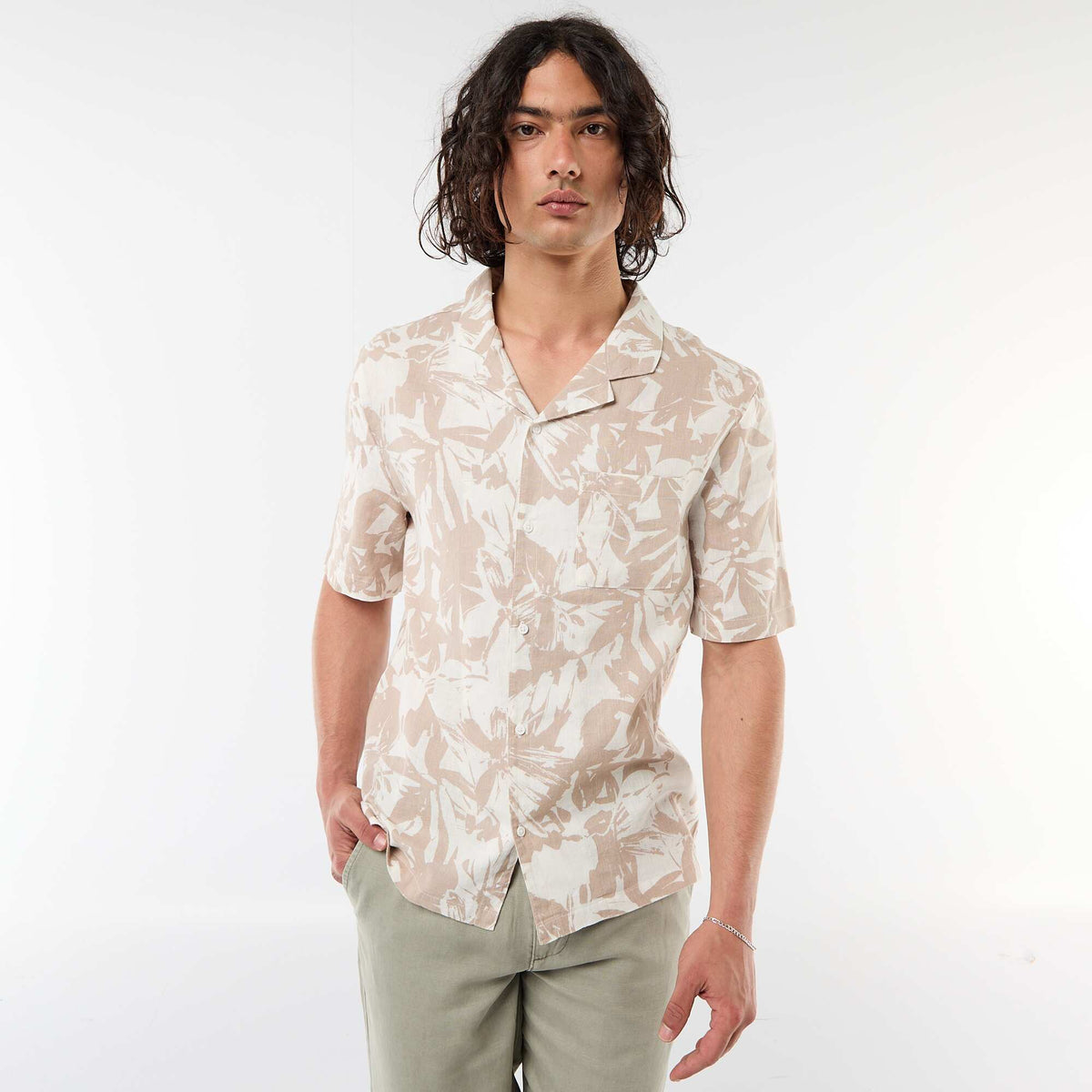 Camisa de lino mezclado de manga corta BLANCO