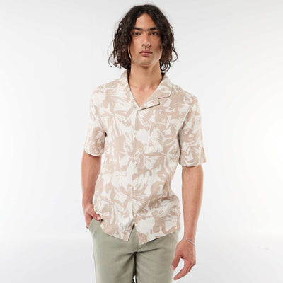 Camisa de lino mezclado de manga corta BLANCO