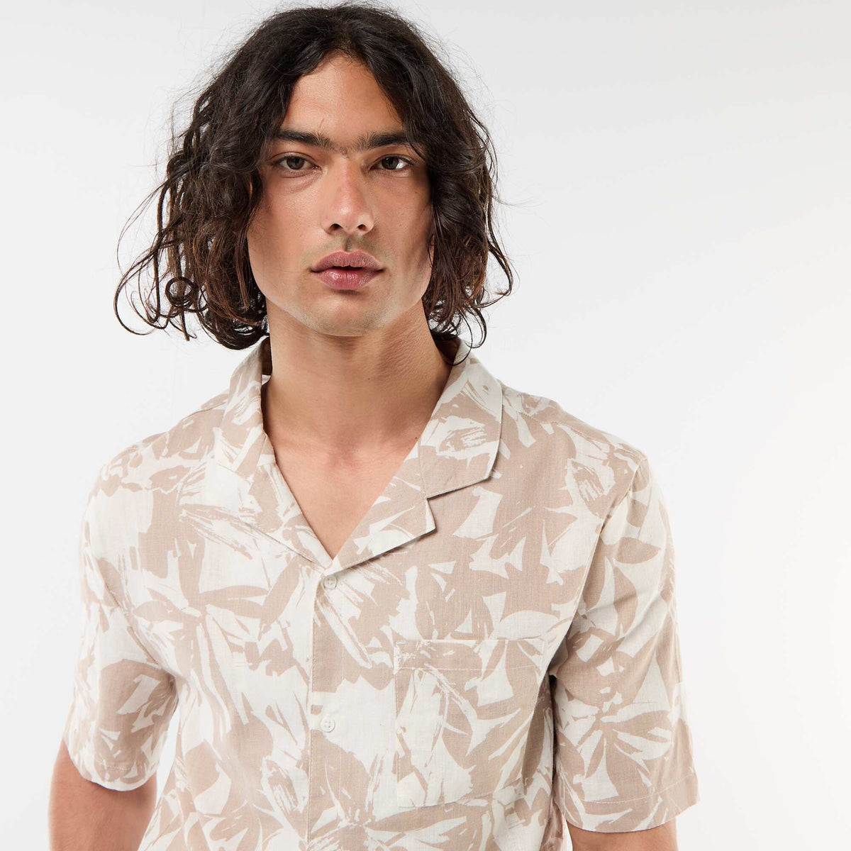 Camisa de lino mezclado de manga corta BLANCO