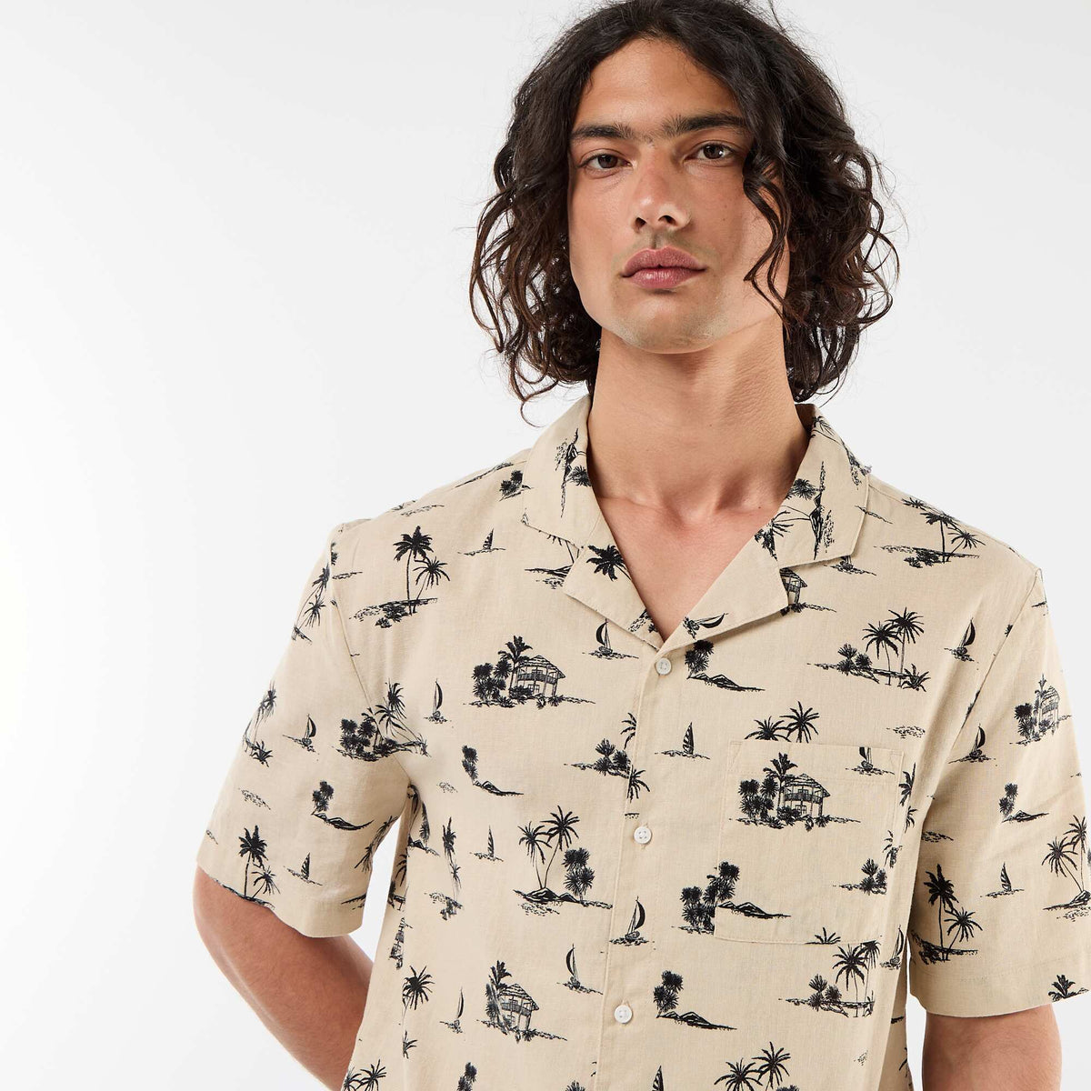 Camisa de lino mezclado de manga corta BEIGE