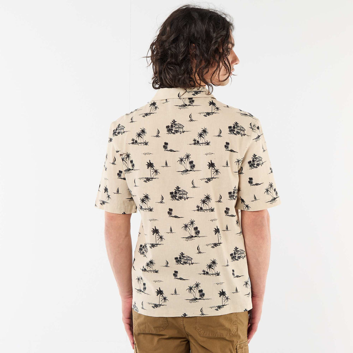 Camisa de lino mezclado de manga corta BEIGE