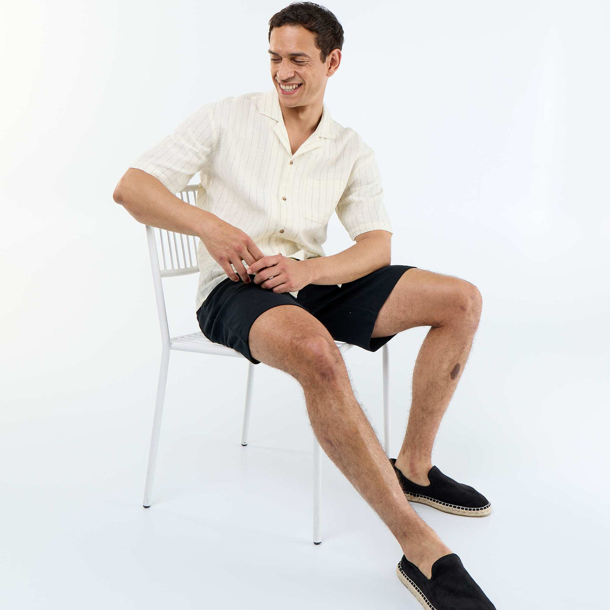 Camisa de lino mezclado de manga corta BLANCO
