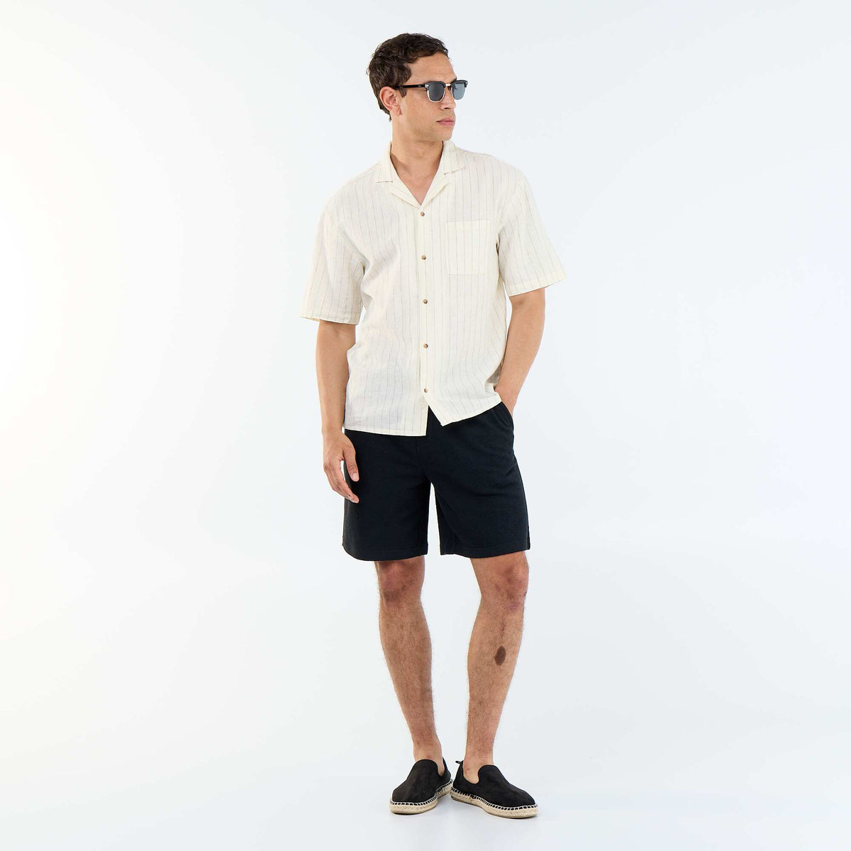 Camisa de lino mezclado de manga corta BLANCO