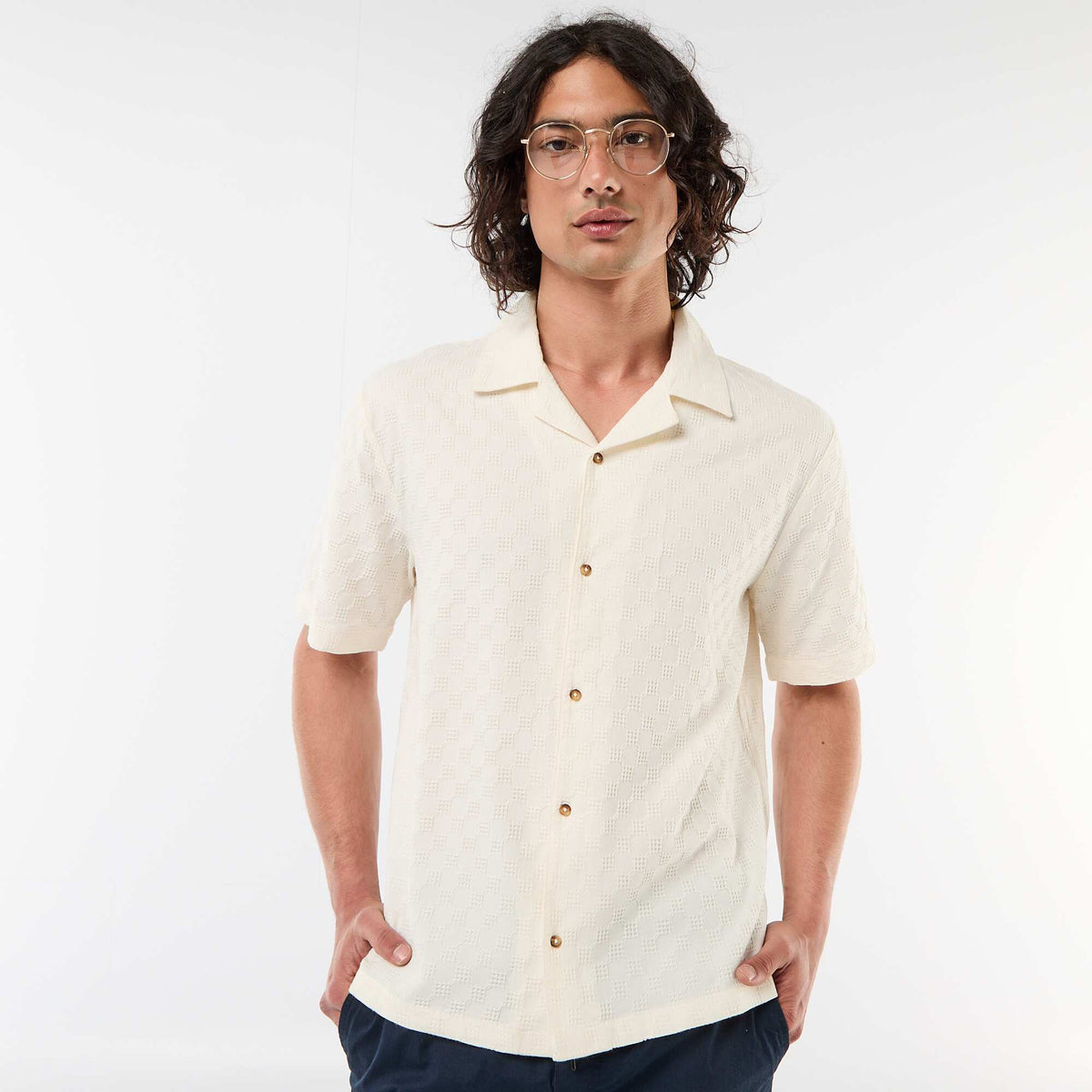 Camisa de punto fantasía de manga corta BLANCO