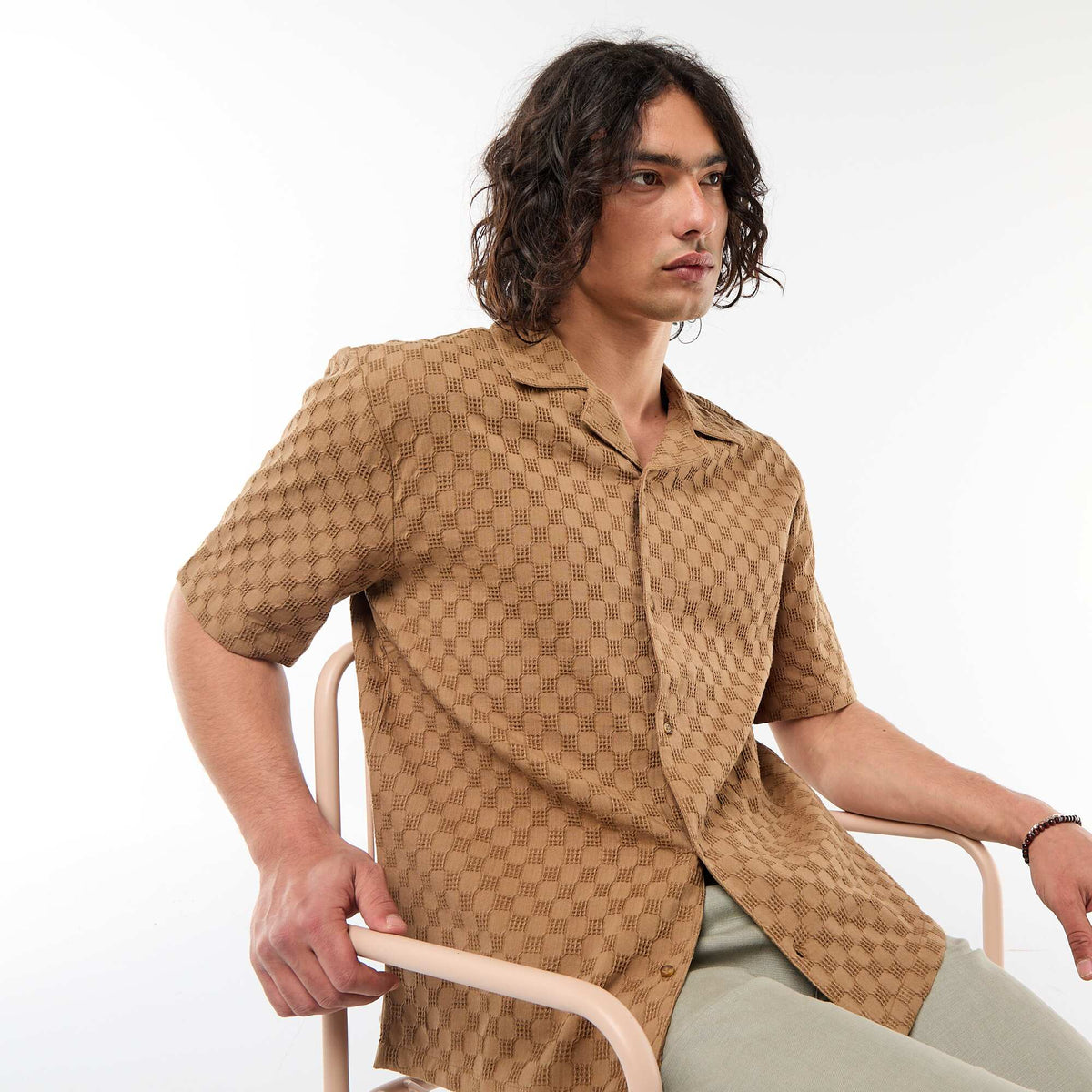 Camisa de punto fantasía de manga corta MARRON