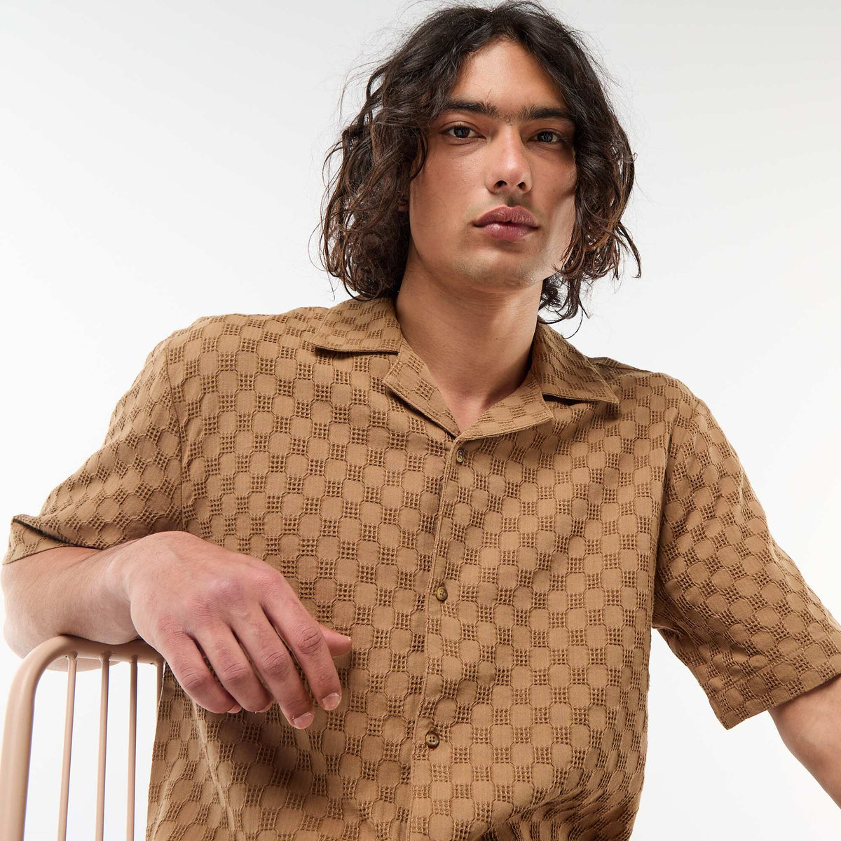 Camisa de punto fantasía de manga corta MARRON