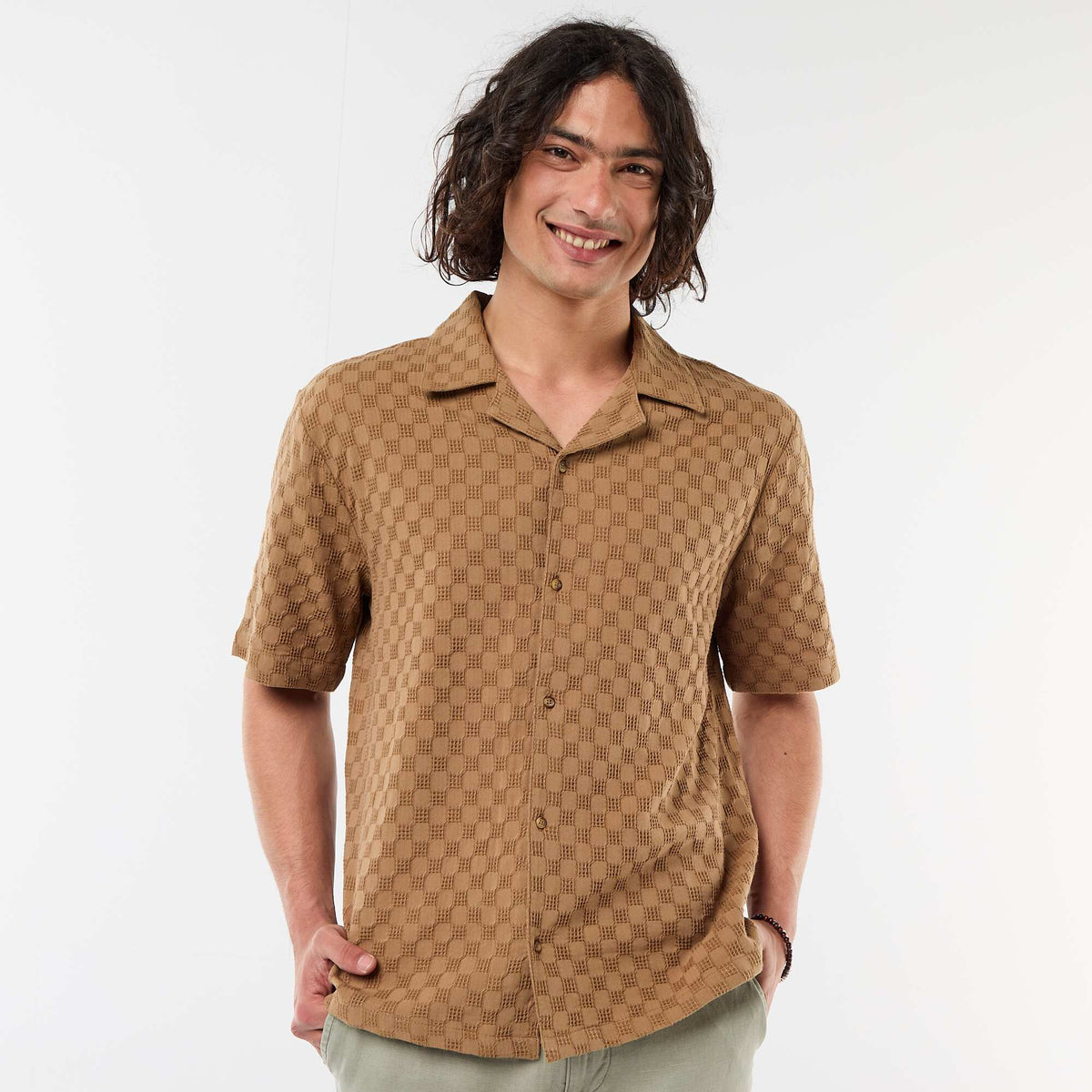 Camisa de punto fantasía de manga corta MARRON