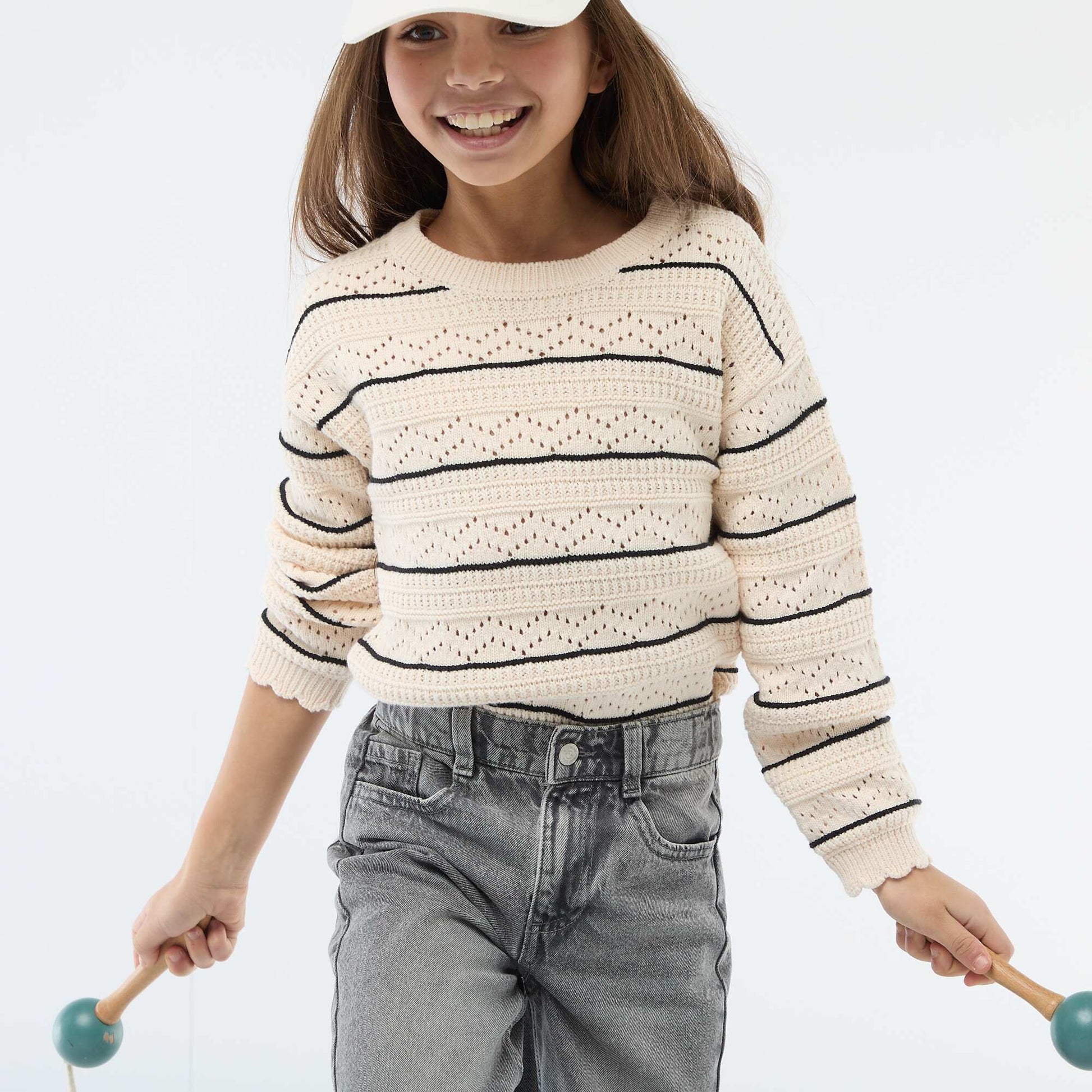 Sweater de punto calado fantasía con cuello redondo en algodón BLANCO