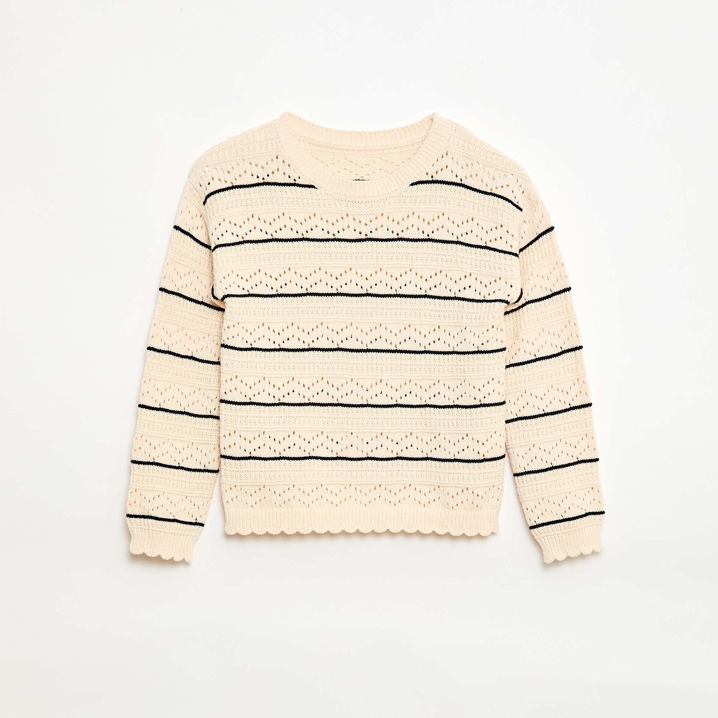 Sweater de punto calado fantasía con cuello redondo en algodón BLANCO