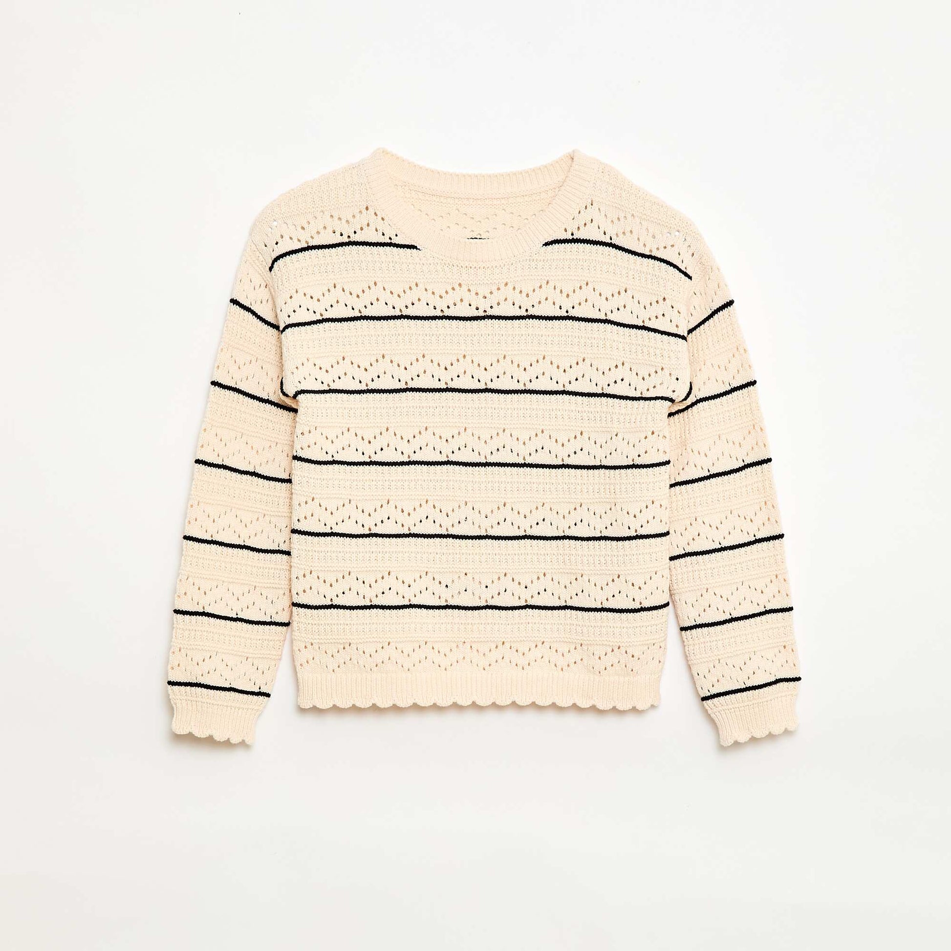 Sweater de punto calado fantasía con cuello redondo en algodón BLANCO