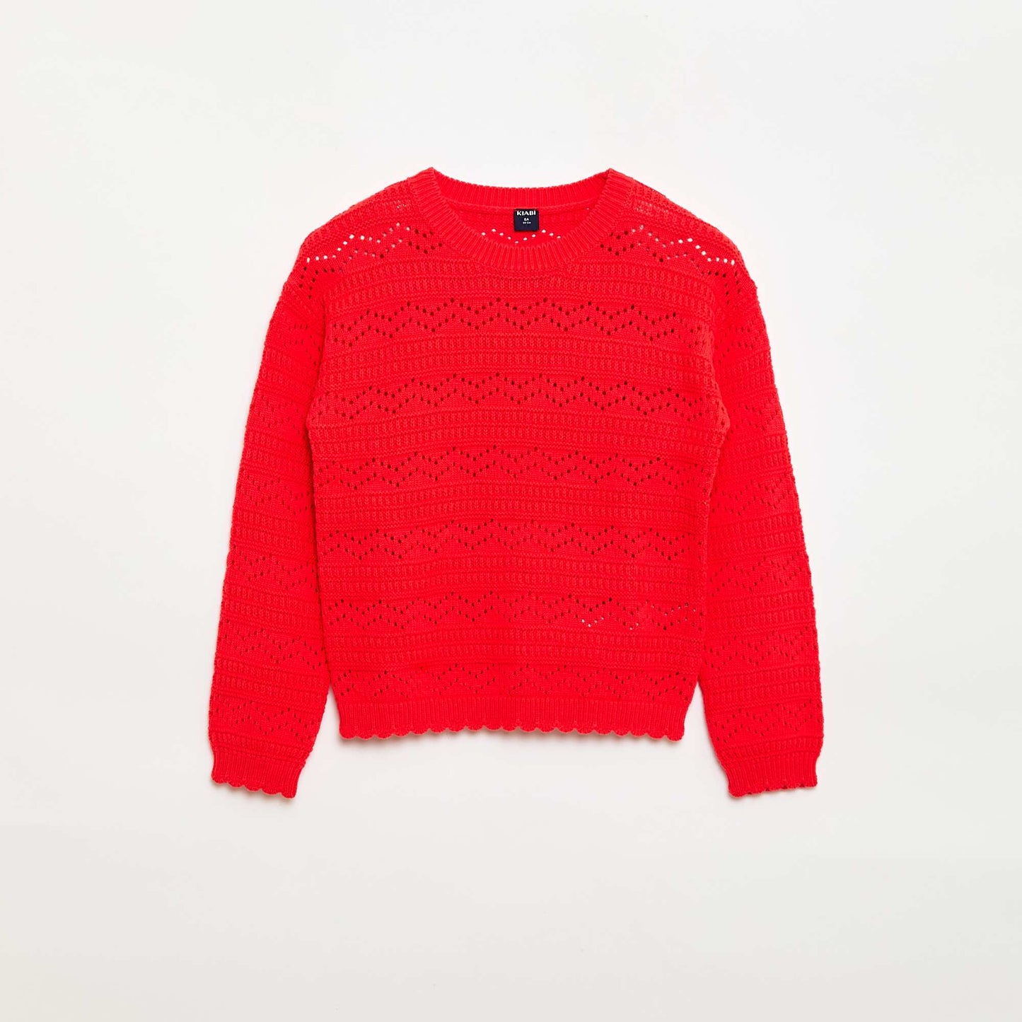 Sweater de punto calado fantasía con cuello redondo en algodón ROJO