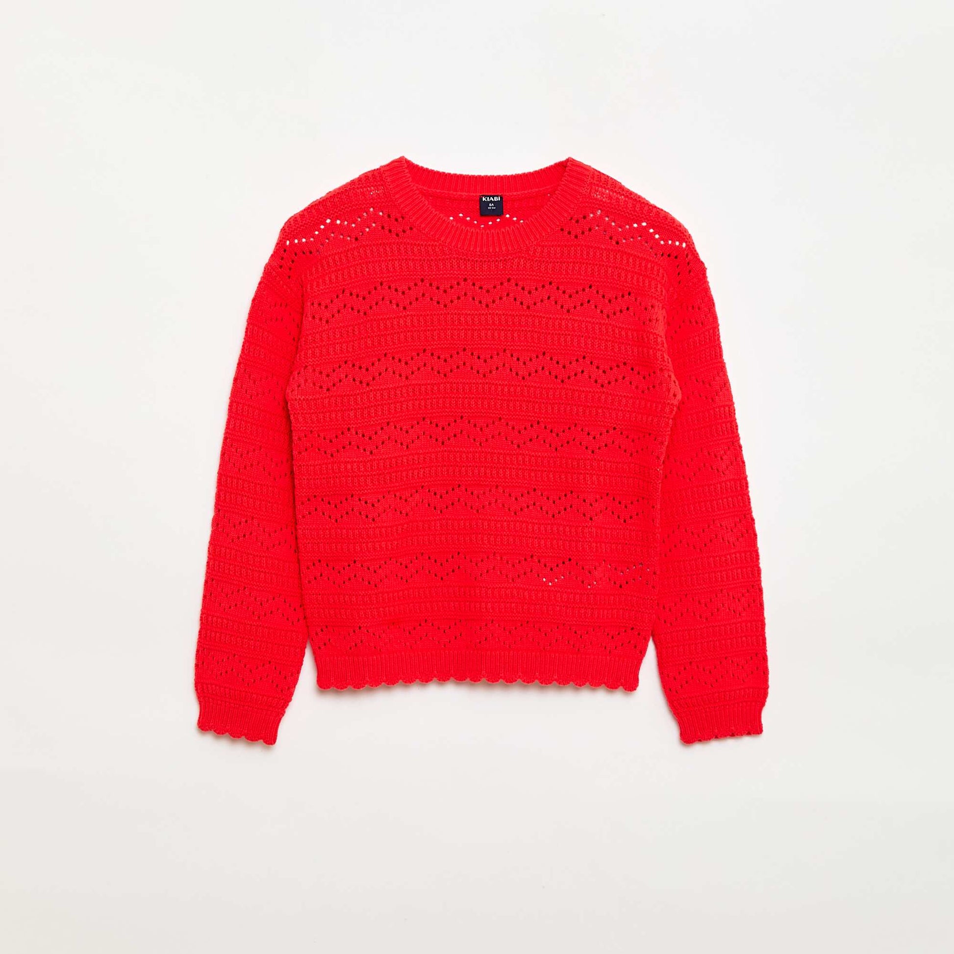 Sweater de punto calado fantasía con cuello redondo en algodón ROJO