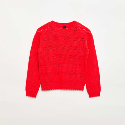 Sweater de punto calado fantasía con cuello redondo en algodón ROJO