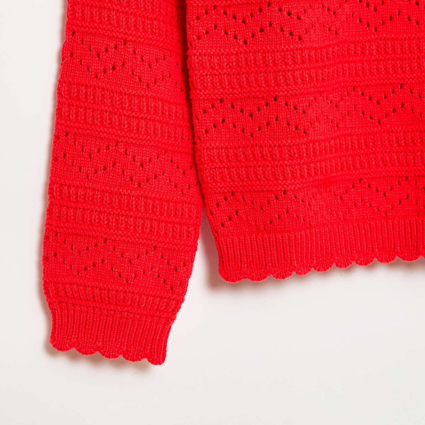 Sweater de punto calado fantasía con cuello redondo en algodón ROJO