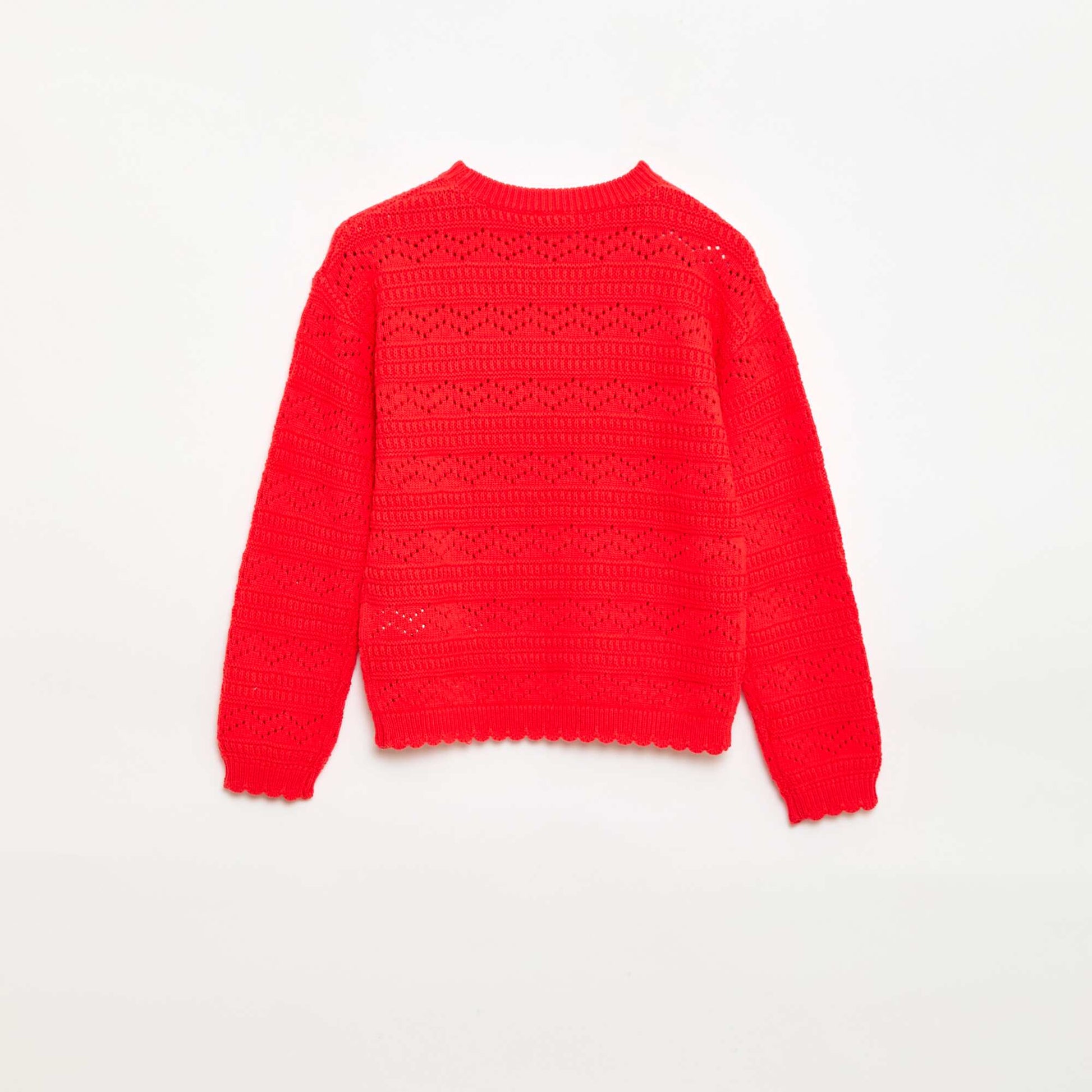 Sweater de punto calado fantasía con cuello redondo en algodón ROJO