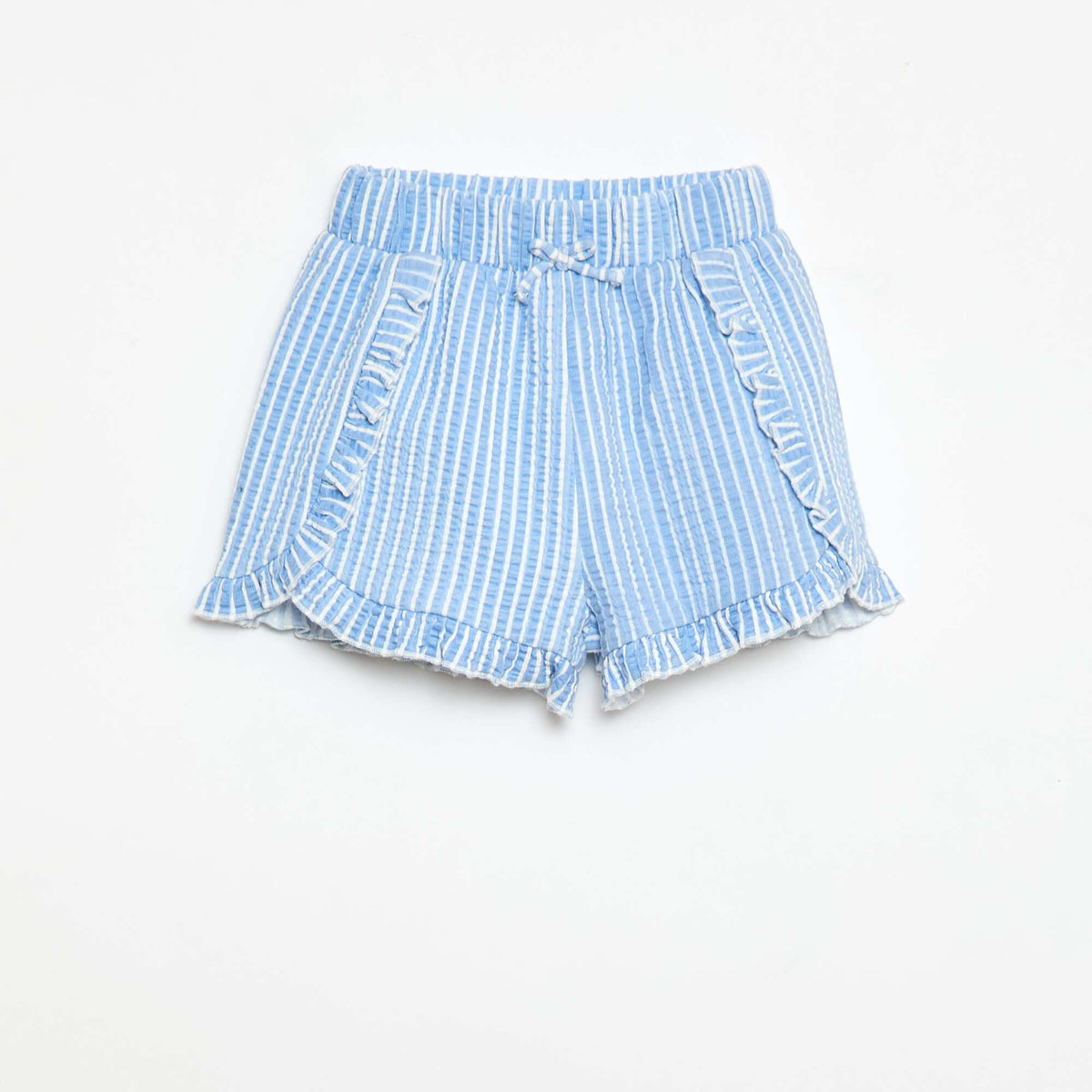 Pantalón corto de punto gofrado con volante AZUL