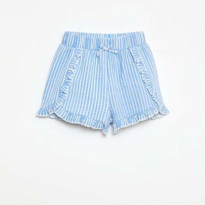 Pantalón corto de punto gofrado con volante AZUL