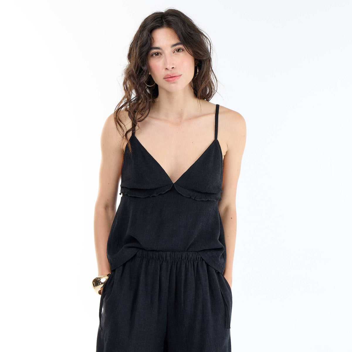 Top de tirantes de lino mezclado NEGRO