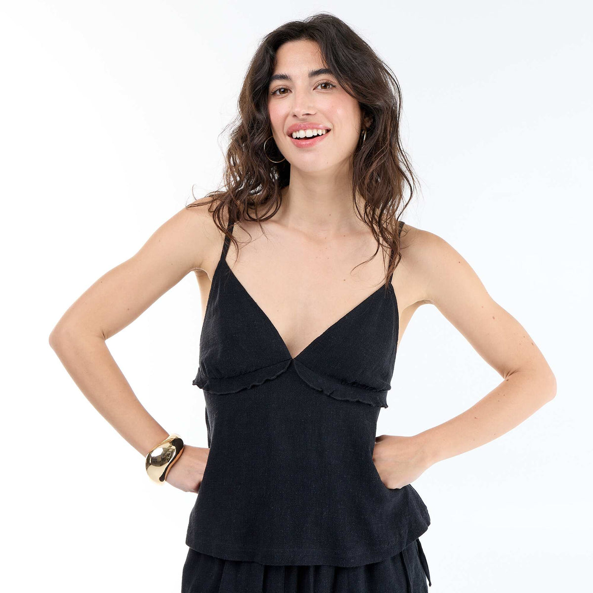 Top de tirantes de lino mezclado NEGRO