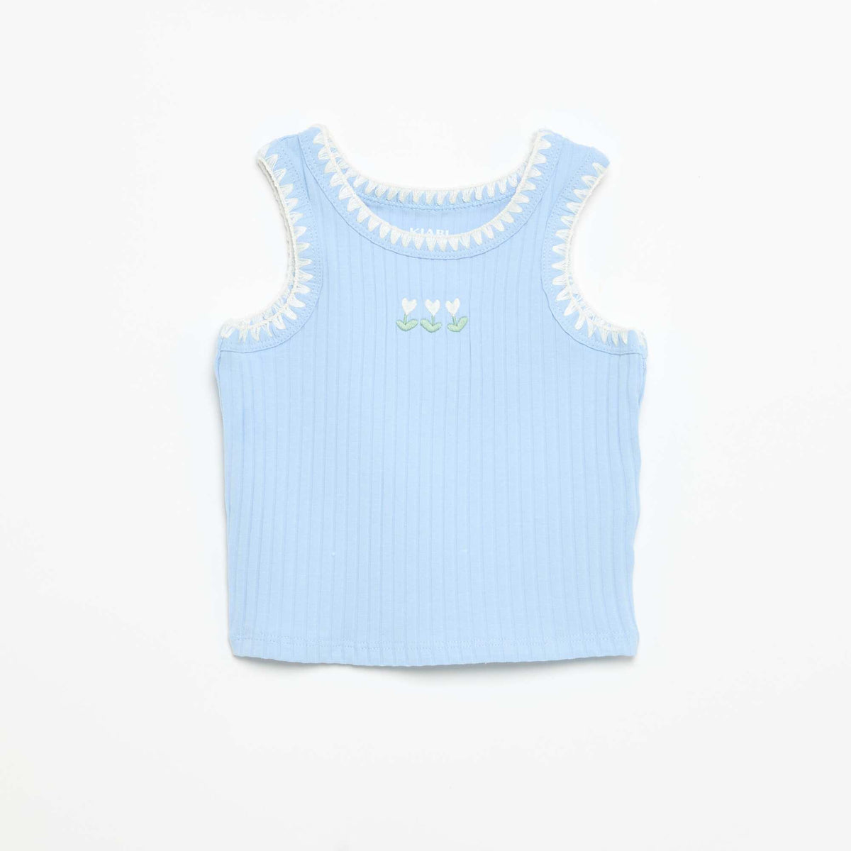 Camiseta de tirantes de canalé con bordados en las sisas AZUL
