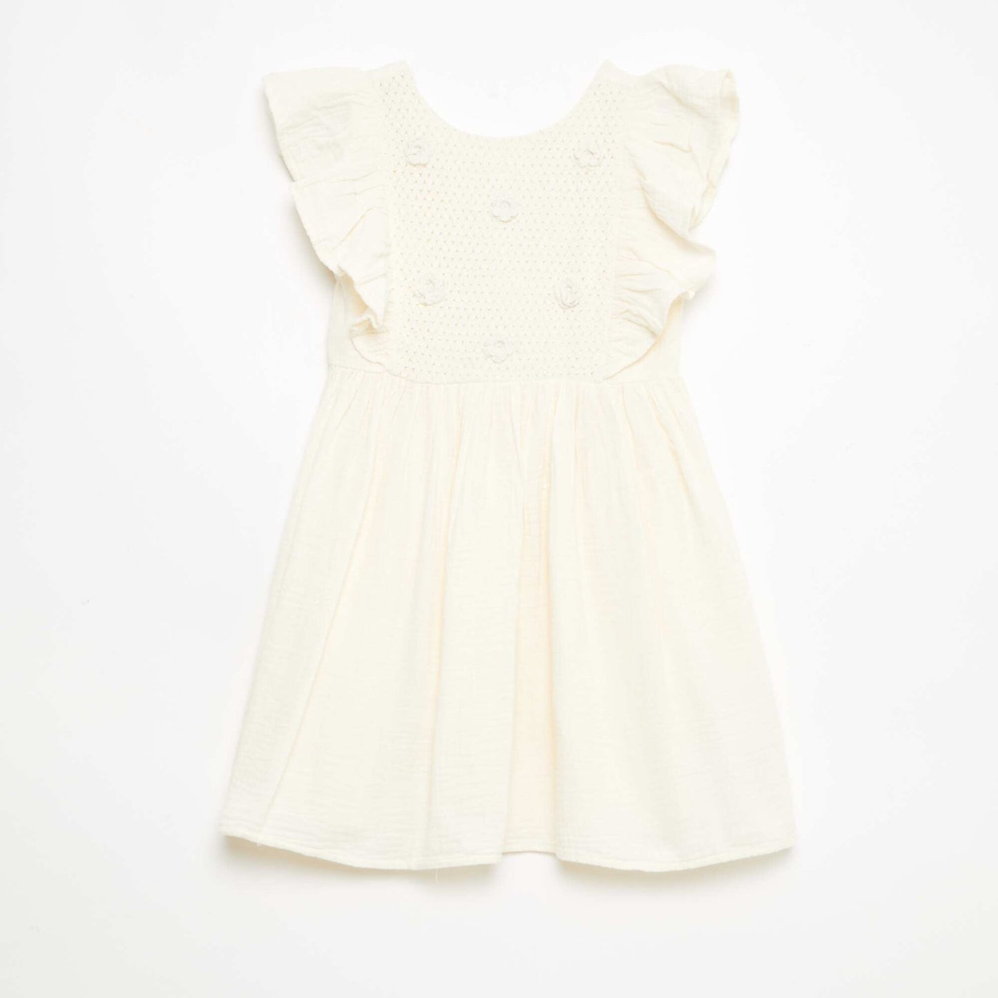 Vestido de manga corta con bordados en el cuello de algodón BLANCO