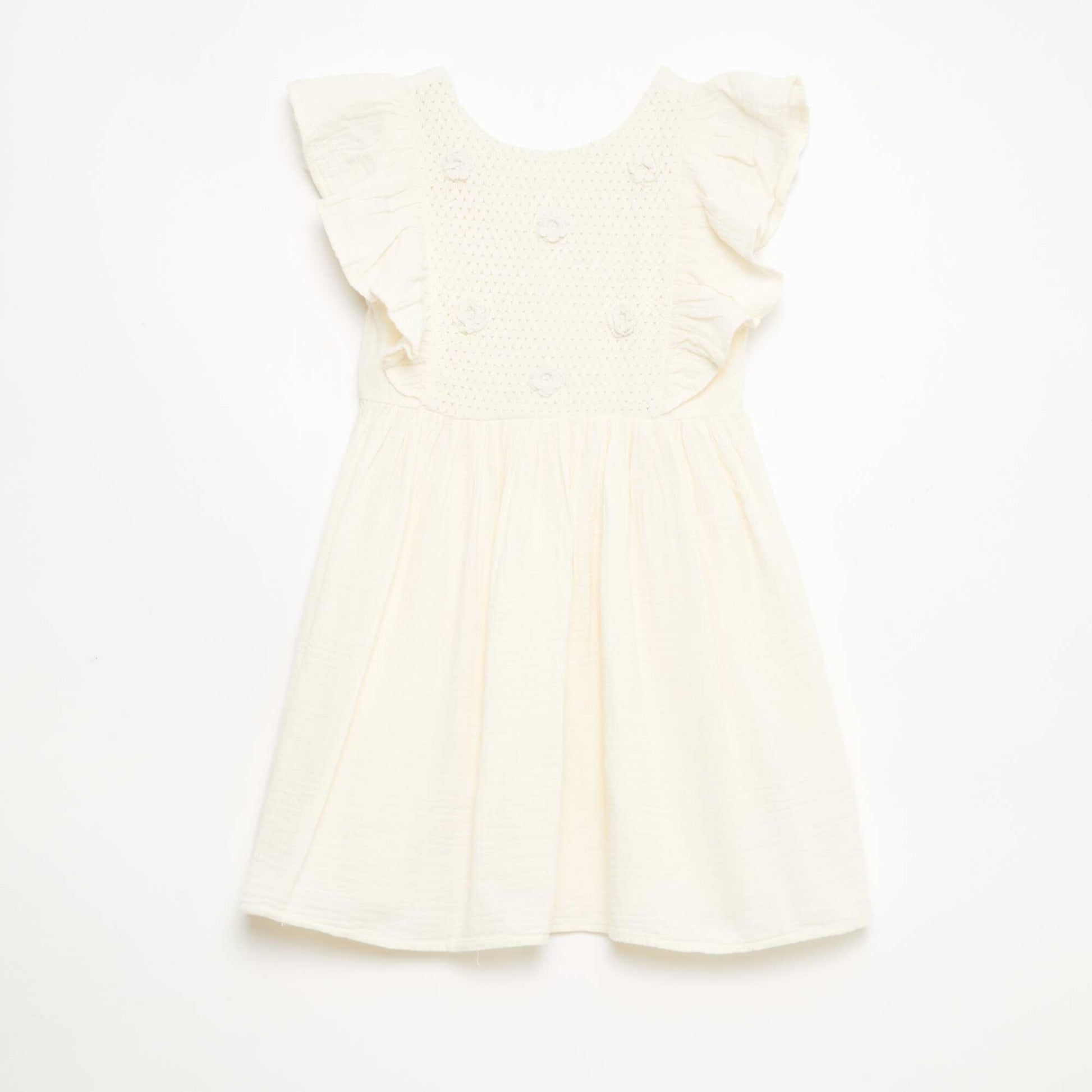 Vestido de manga corta con bordados en el cuello de algodón BLANCO