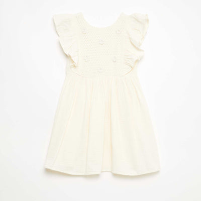 Vestido de manga corta con bordados en el cuello de algodón BLANCO