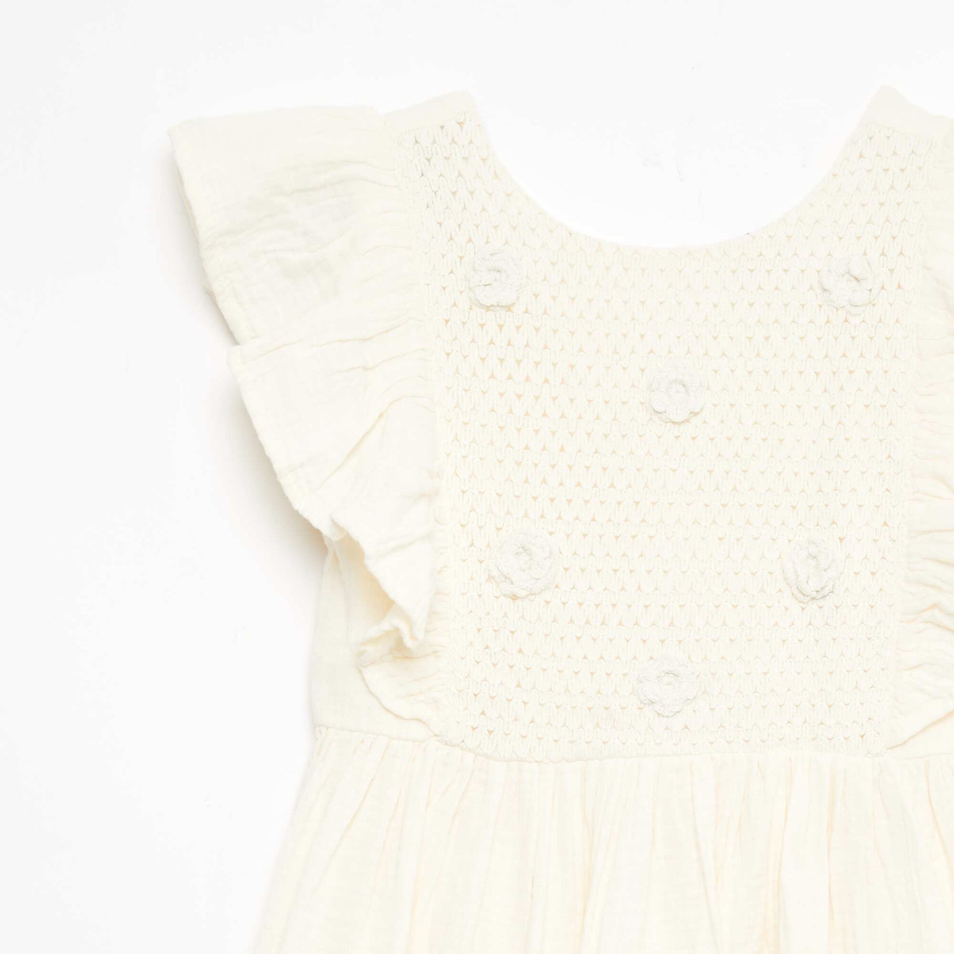 Vestido de manga corta con bordados en el cuello de algodón BLANCO