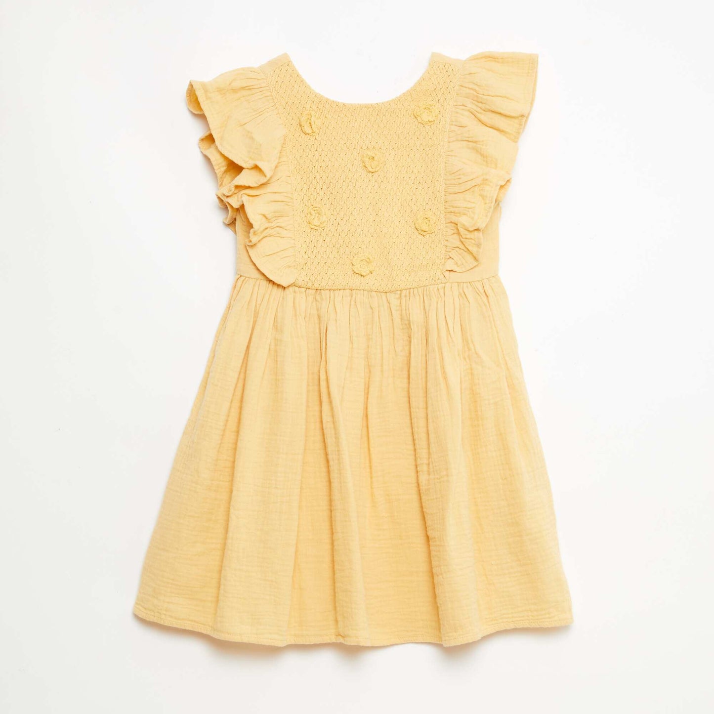 Vestido de manga corta con bordados en el cuello de algodón BEIGE