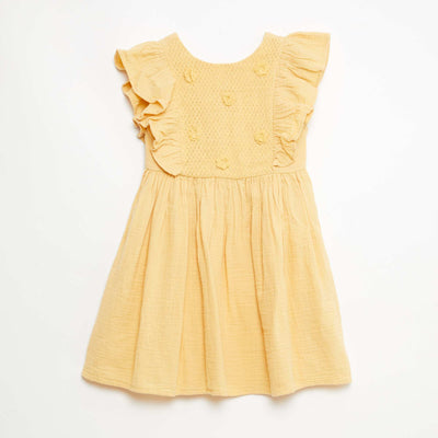 Vestido de manga corta con bordados en el cuello de algodón BEIGE